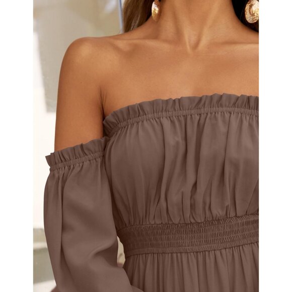 ZESICA Off Shoulder Smocked High Waist Side Split Maxi Dress in Coffee - Picture 4 of 16